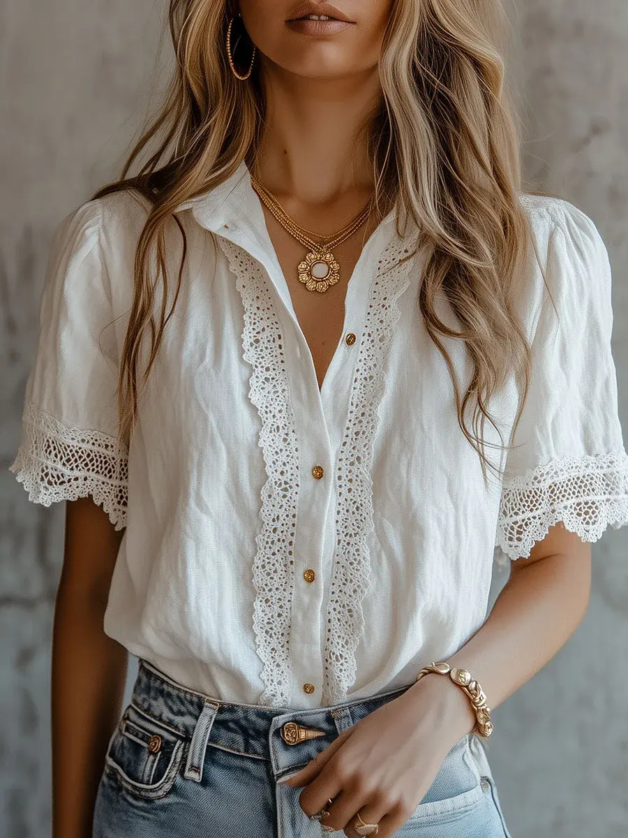 エレガントな女性のシャツカジュアルソリッドカラーラペルボタン - Embroidery Blouse のレビューと価格