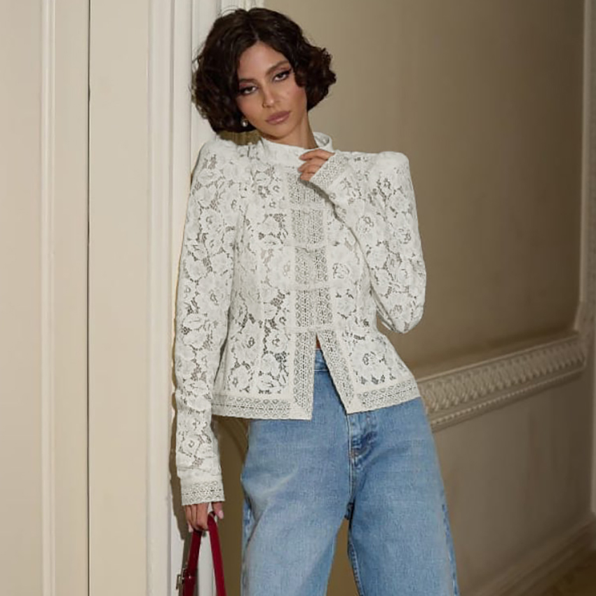Linad エレガントな刺繍パフスリーブ白シャツ夏のセクシー - Embroidery Blouse のレビューと価格