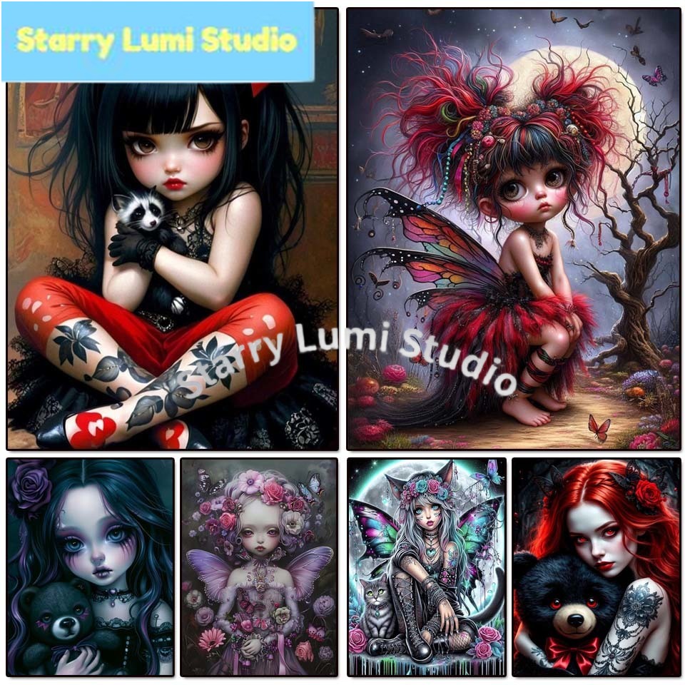 5Dダイヤモンドペインティングキット ゴシックガールとクマ  - Embroidery Gothic のレビューと価格