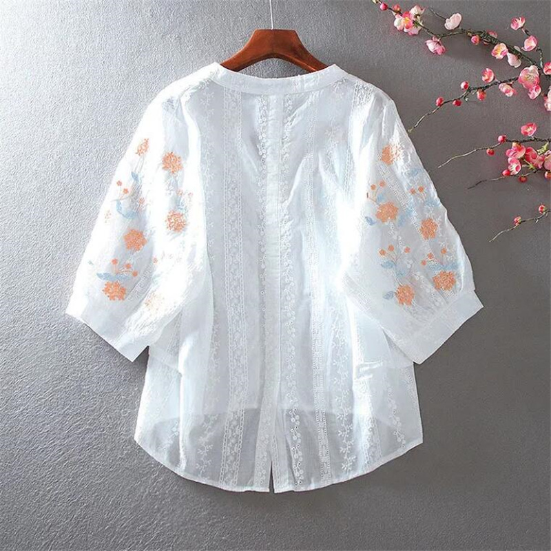 刺繍花柄ブラウス女性シャツ純綿トップミドルスリーブプルオーバ - Embroidery Blouse のレビューと価格