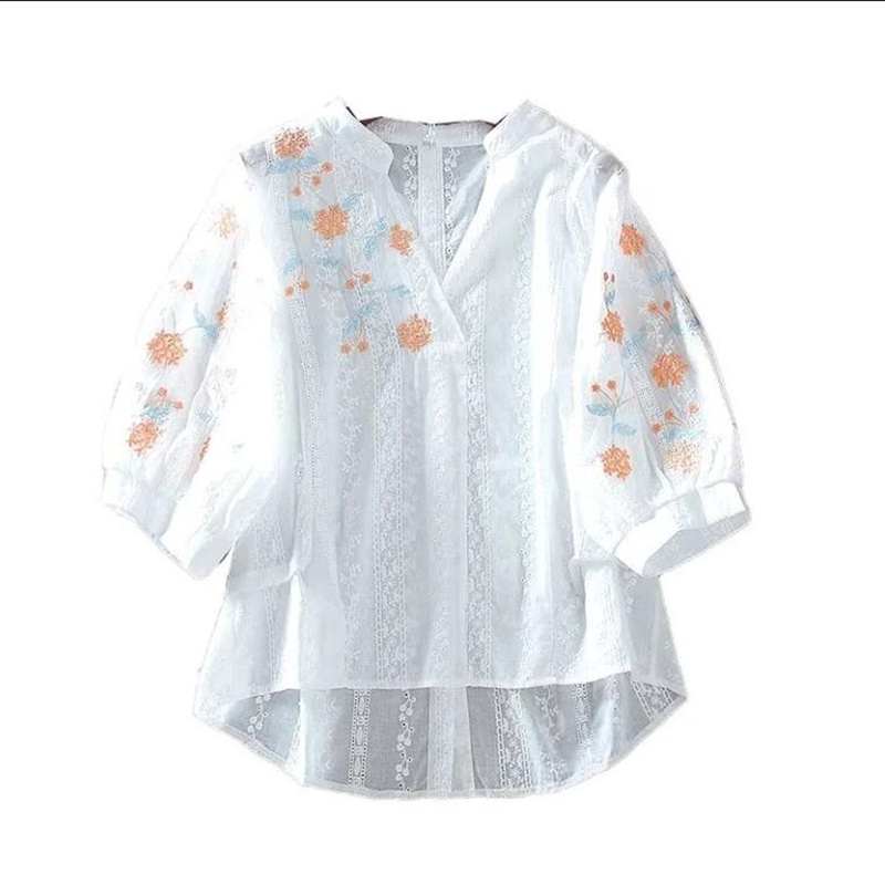 刺繍花柄ブラウス女性シャツ純綿トップミドルスリーブプルオーバ - Embroidery Blouse のレビューと価格