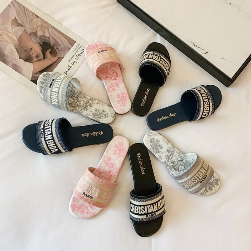 女性のファッションフラットスリッパ夏の新しいラウンドヘッドオ - Embroidery Letter のレビューと価格