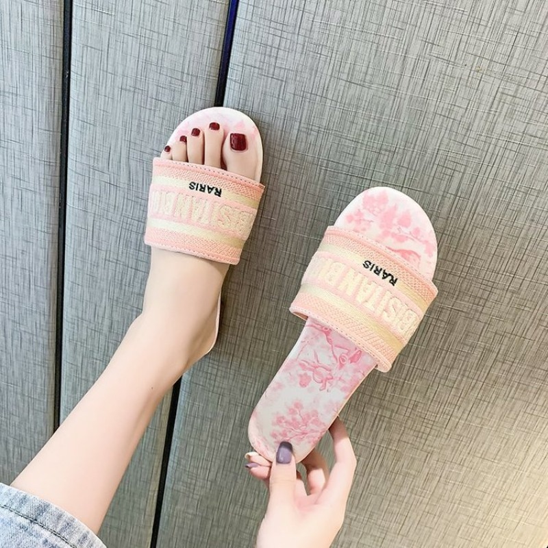 女性のファッションフラットスリッパ夏の新しいラウンドヘッドオ - Embroidery Letter のレビューと価格