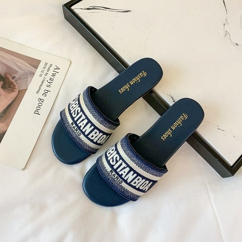 女性のファッションフラットスリッパ夏の新しいラウンドヘッドオ - Embroidery Letter のレビューと価格