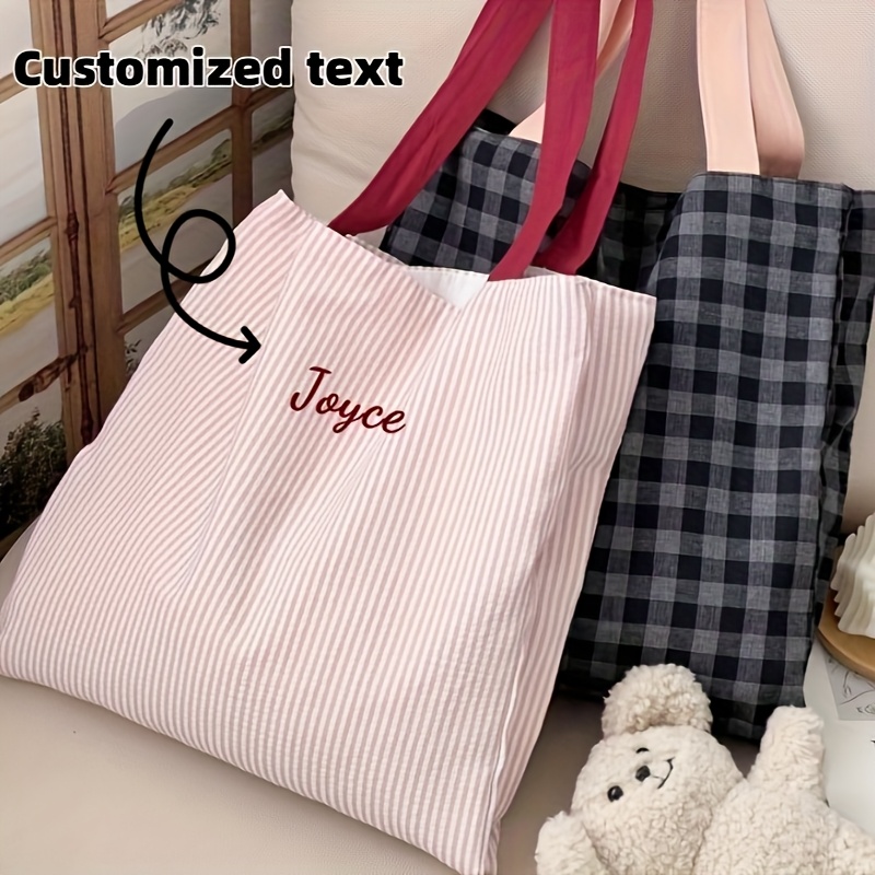 カスタム名刺繍トートバッグ女性ストライプチェック柄キャンバス - Embroidery Name のレビューと価格
