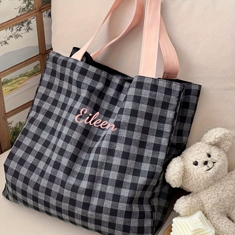 カスタム名刺繍トートバッグ女性ストライプチェック柄キャンバス - Embroidery Name のレビューと価格