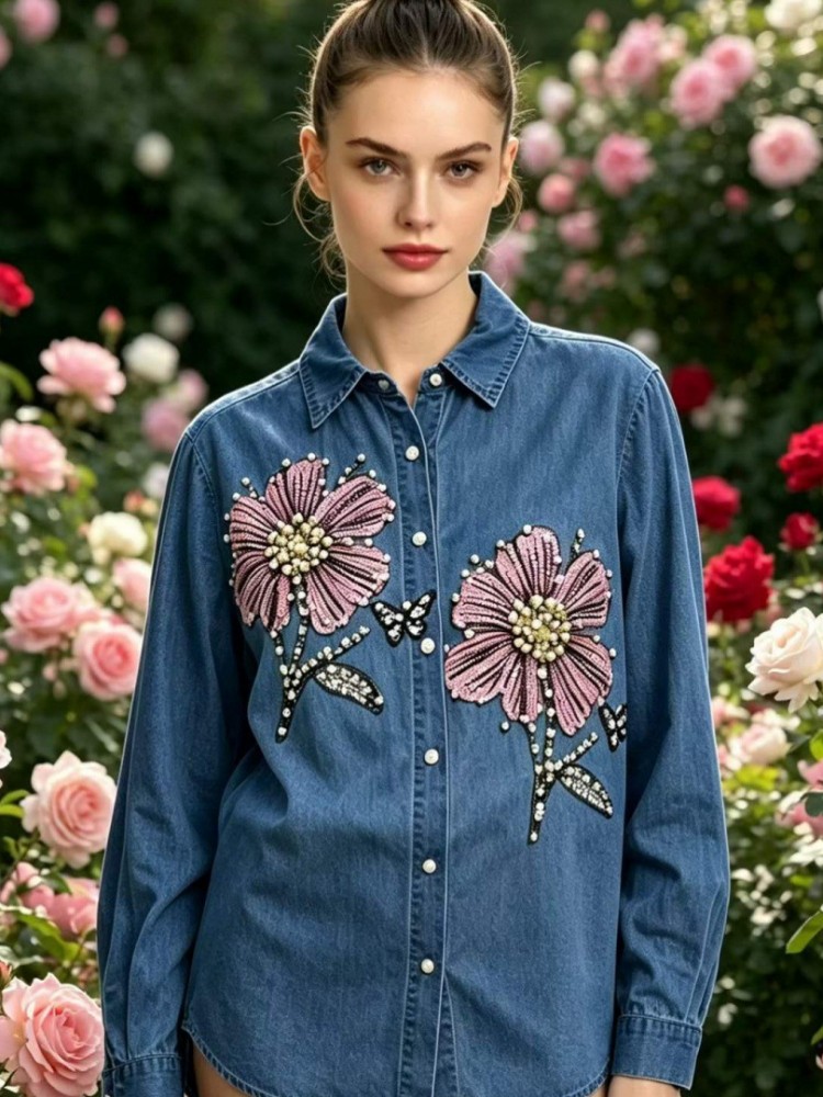 女性デニム刺繍ブラウス春秋長袖女性ブラウスシャツオフィスエレ - Embroidery Blouse のレビューと価格