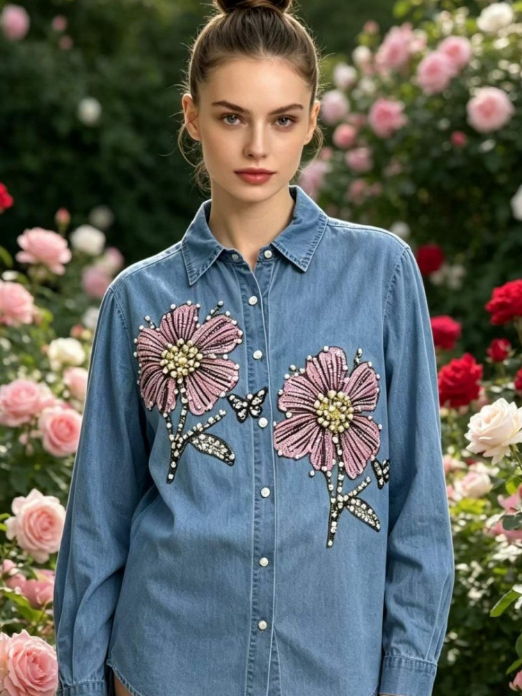 女性デニム刺繍ブラウス春秋長袖女性ブラウスシャツオフィスエレ - Embroidery Blouse のレビューと価格