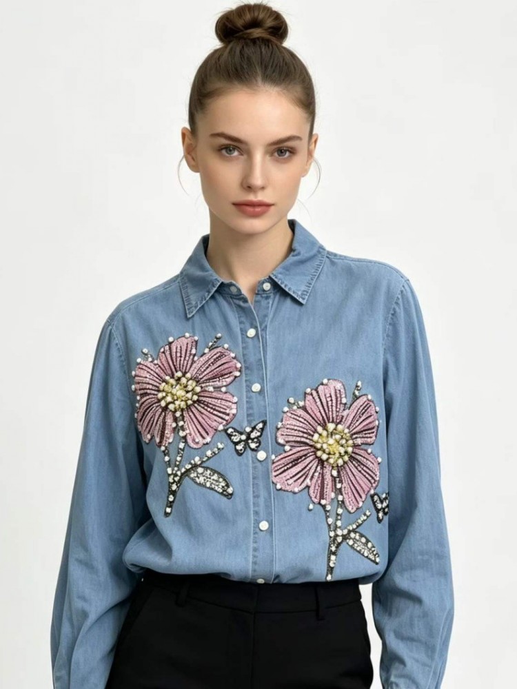 女性デニム刺繍ブラウス春秋長袖女性ブラウスシャツオフィスエレ - Embroidery Blouse のレビューと価格