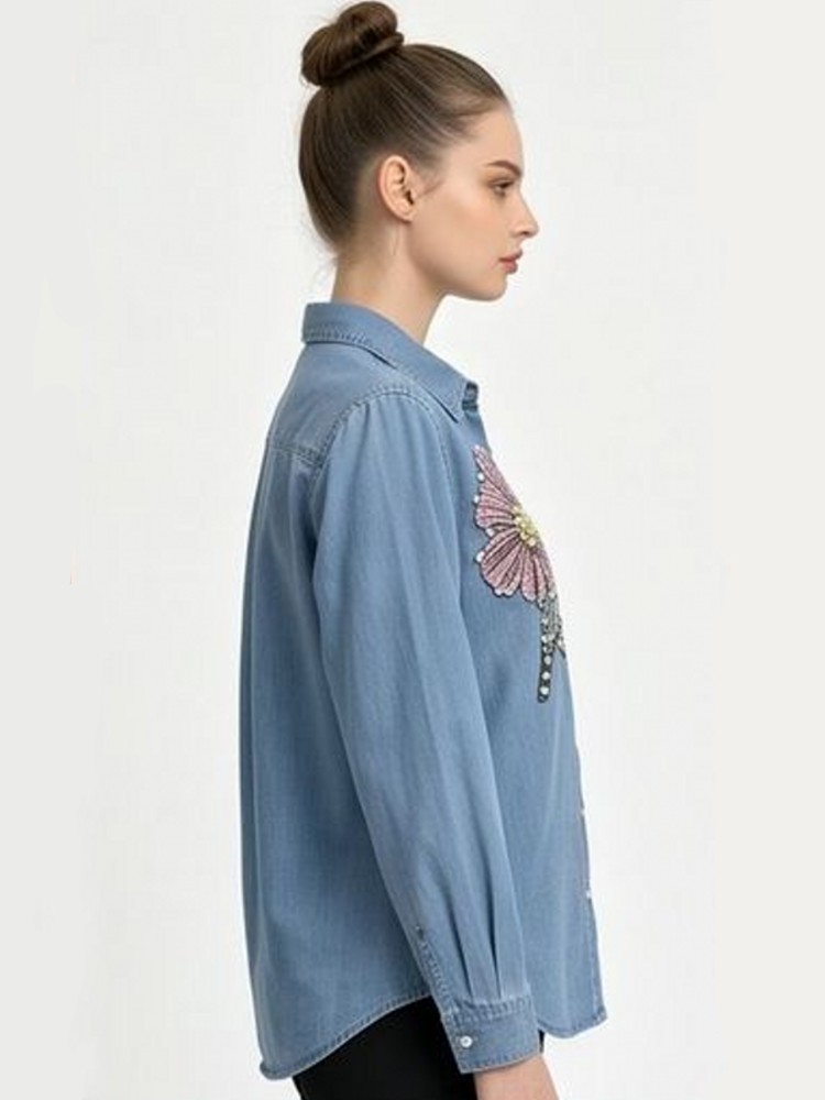 女性デニム刺繍ブラウス春秋長袖女性ブラウスシャツオフィスエレ - Embroidery Blouse のレビューと価格