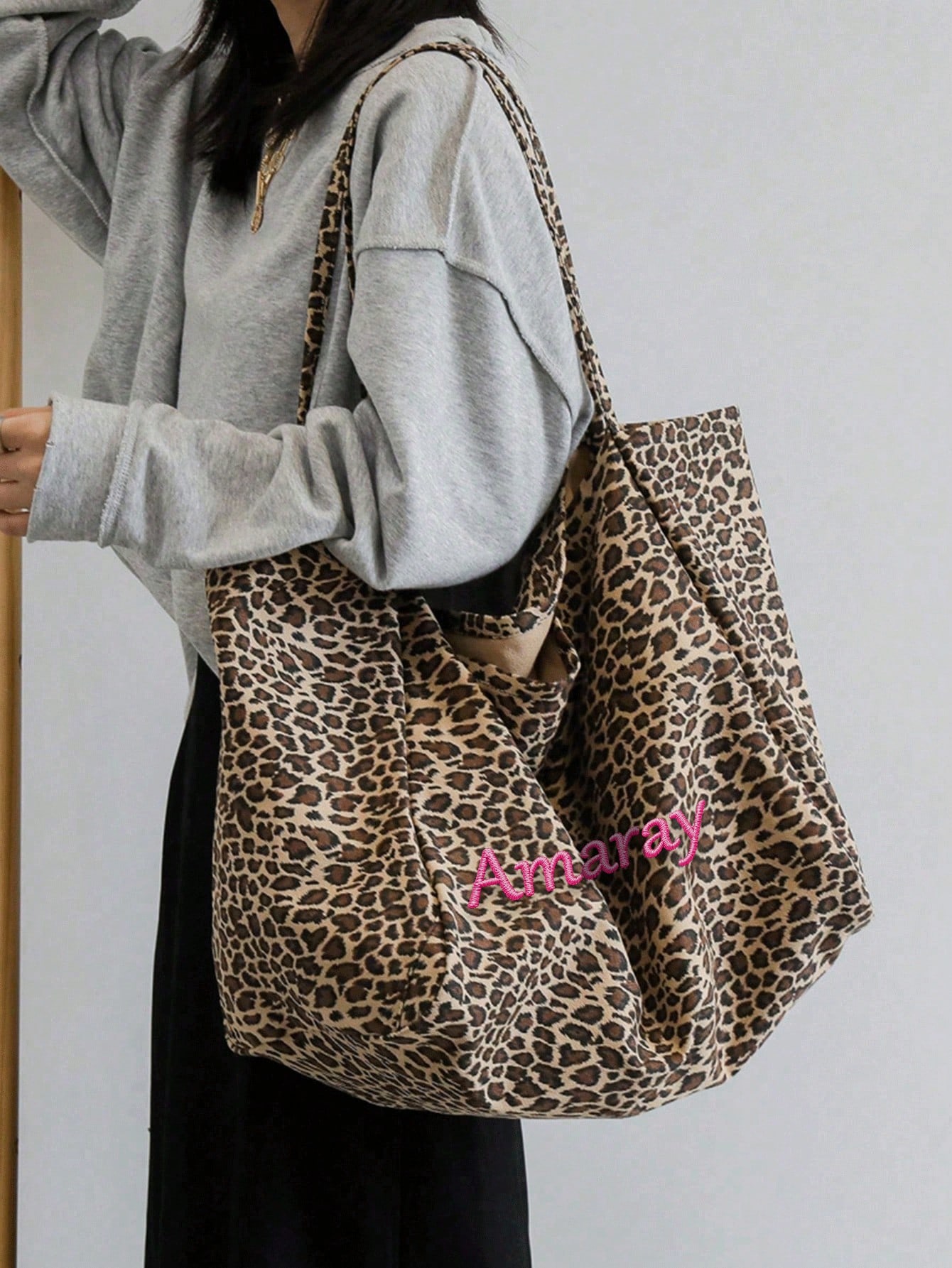 カスタム名ヒョウ柄トートバッグ女性大容量ショルダーバッグカジ - Embroidery Name のレビューと価格