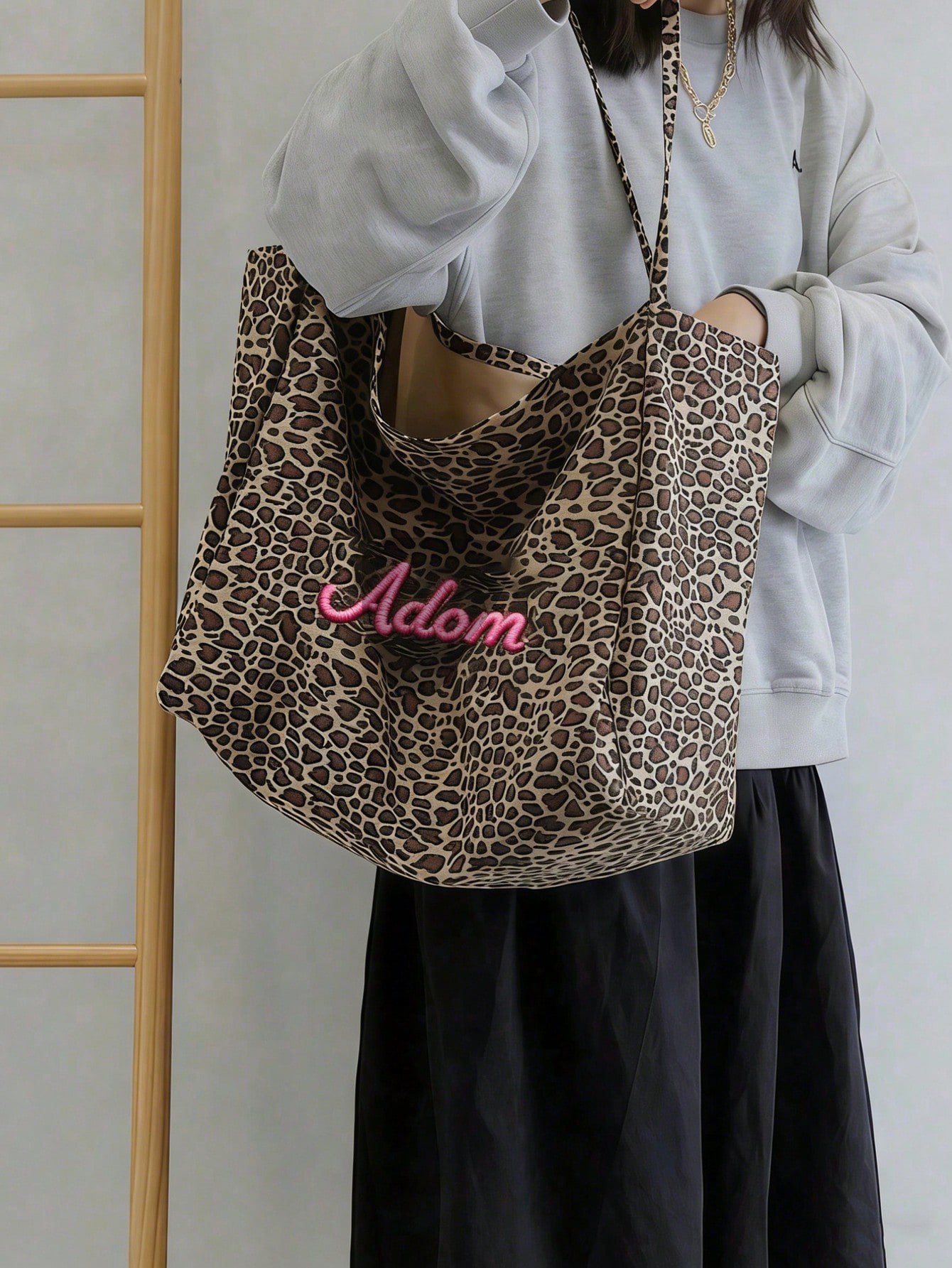 カスタム名ヒョウ柄トートバッグ女性大容量ショルダーバッグカジ - Embroidery Name のレビューと価格