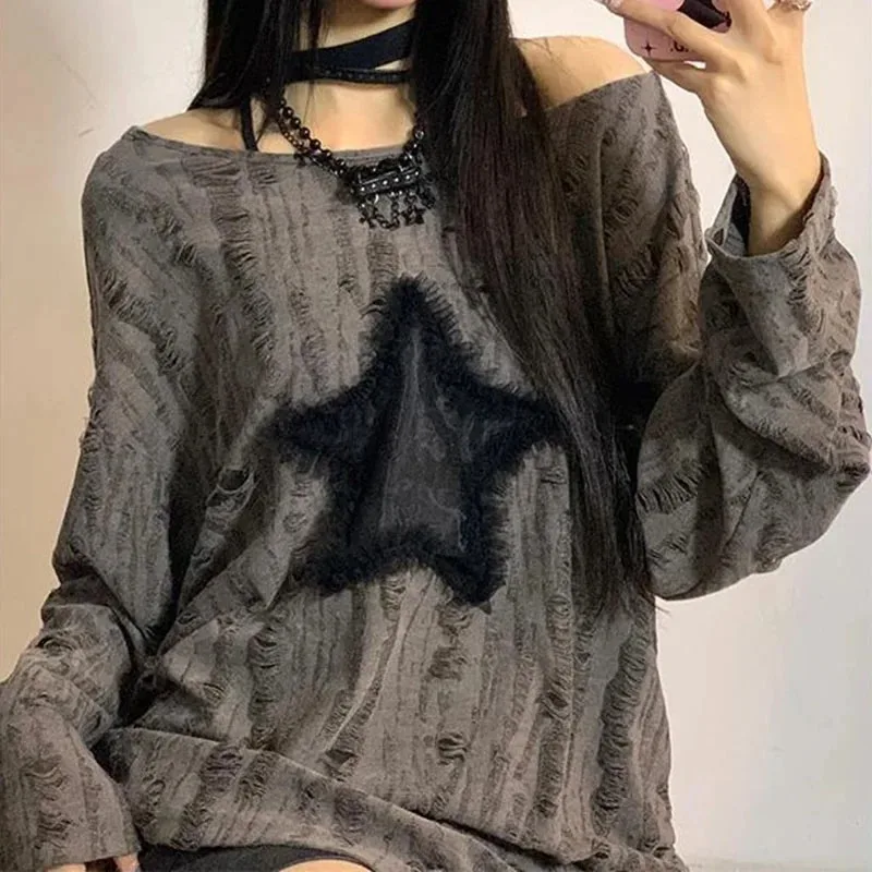 Y2K ホールスタープリント Tシャツ女性ファッションストリ - Embroidery Blouse のレビューと価格