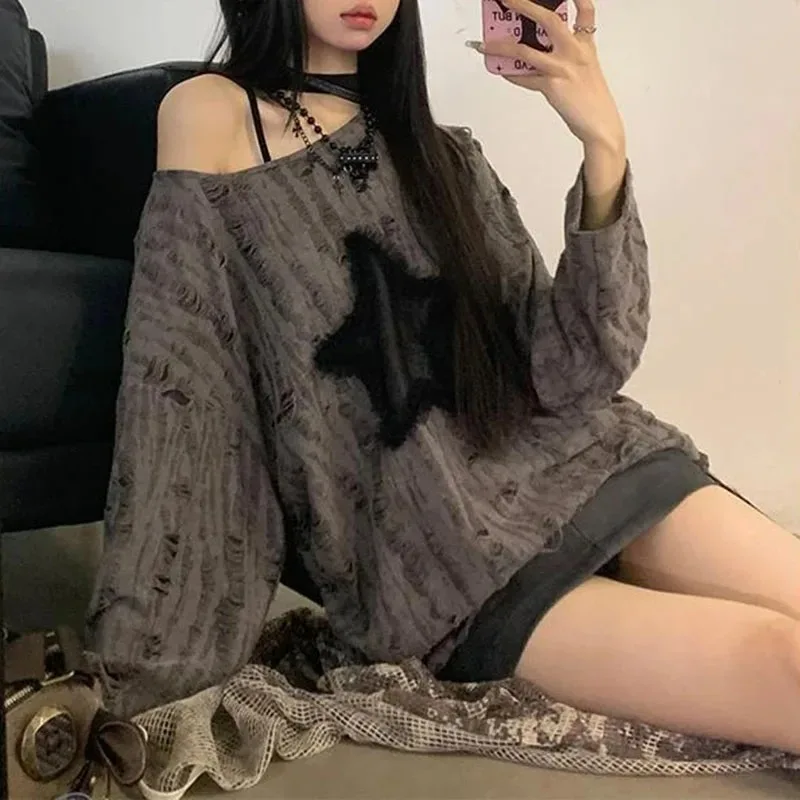 Y2K ホールスタープリント Tシャツ女性ファッションストリ - Embroidery Blouse のレビューと価格
