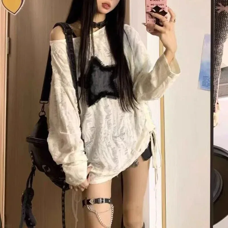 Y2K ホールスタープリント Tシャツ女性ファッションストリ - Embroidery Blouse のレビューと価格