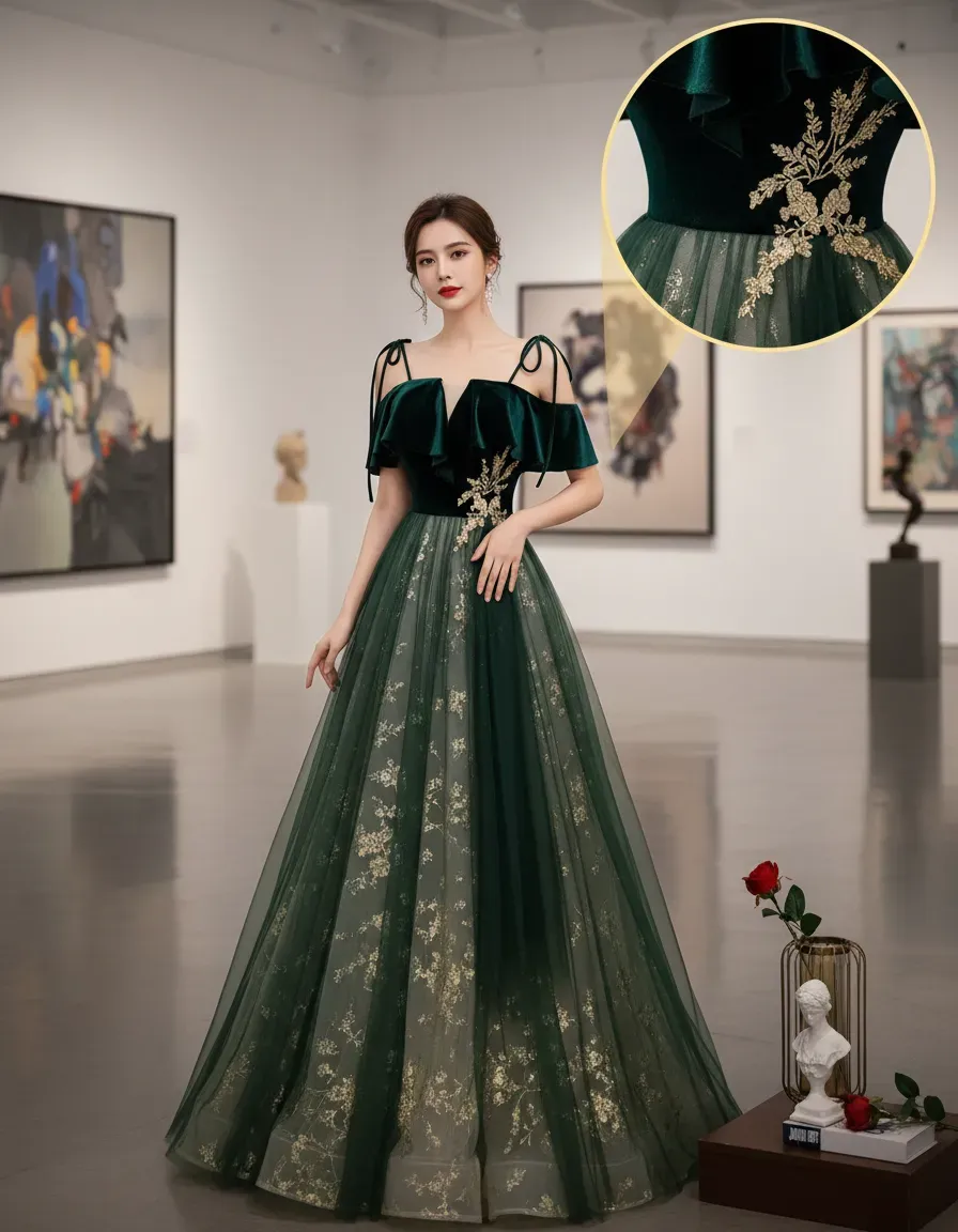 エメラルドグリーンのベルベットトップとチュールスカートのイブ - Embroidery Gold のレビューと価格