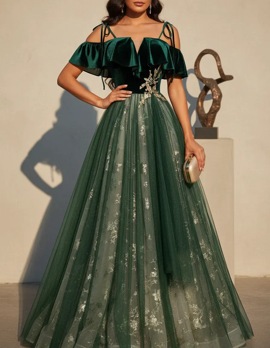 エメラルドグリーンのベルベットトップとチュールスカートのイブ - Embroidery Gold のレビューと価格