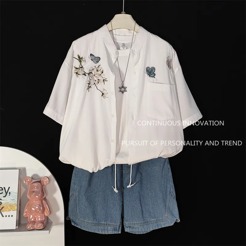 メンズ3点セット 中華風刺繍半袖シャツ タンクトップ デニム - Embroidery In The Piece のレビューと価格
