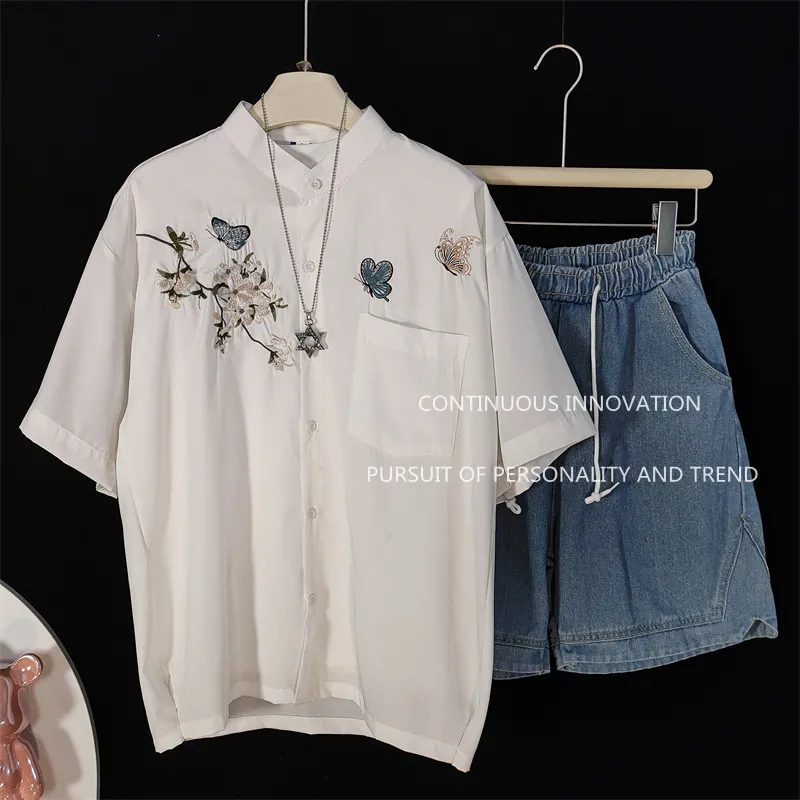メンズ3点セット 中華風刺繍半袖シャツ タンクトップ デニム - Embroidery In The Piece のレビューと価格