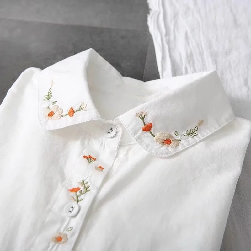 新しい純粋な綿の白いシャツ女性ターンダウン襟刺繍長袖ボタンカ - Embroidery Online のレビューと価格
