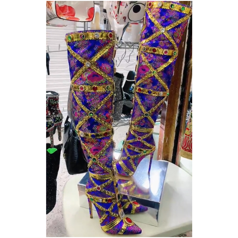 マルチカラー宝石ゴールドトリムステッチスティレット太もも丈ブ - Embroidery Wedding のレビューと価格