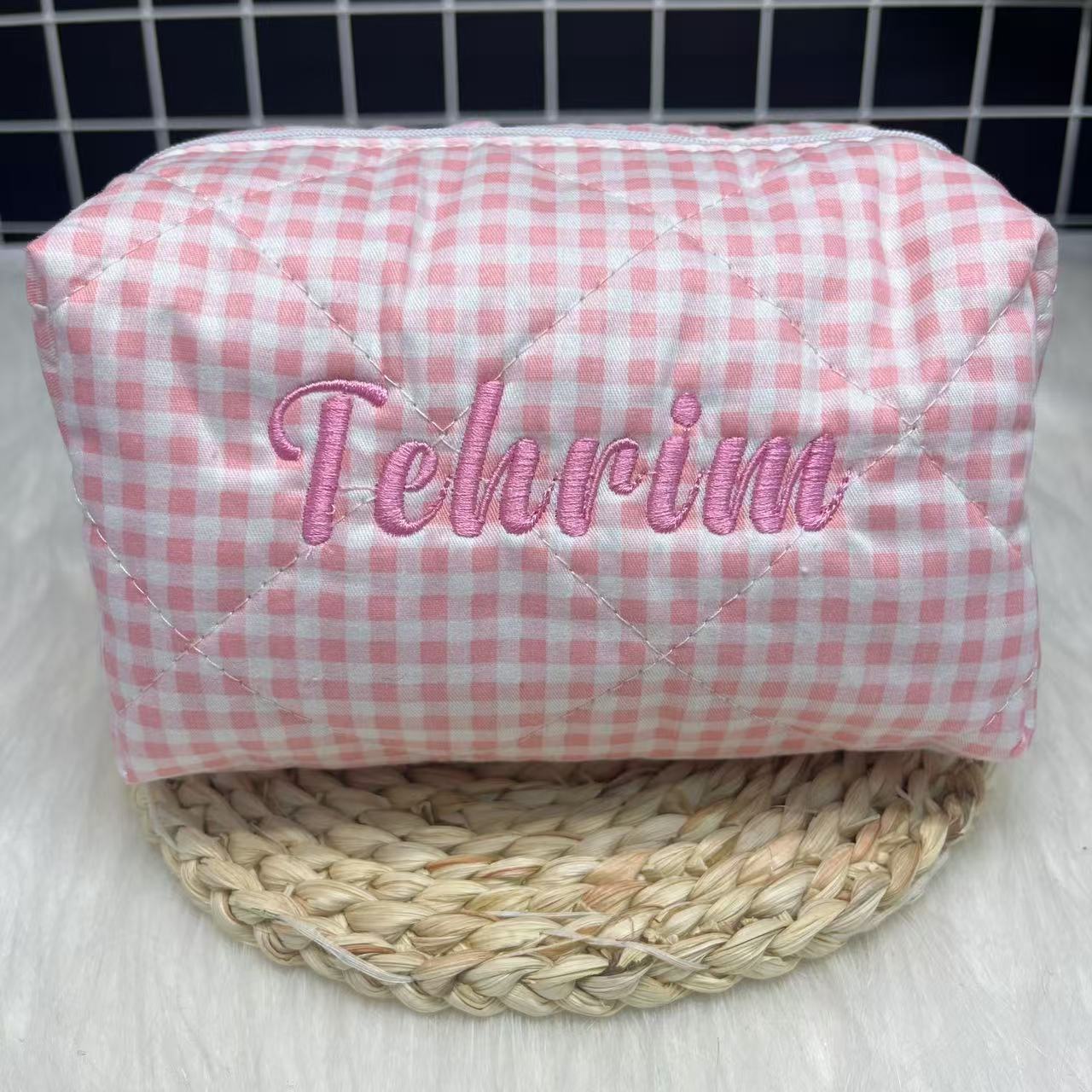 大容量ストライプ化粧品バッグ カスタムロゴと名前刺繍付き パ - Embroidery Name のレビューと価格