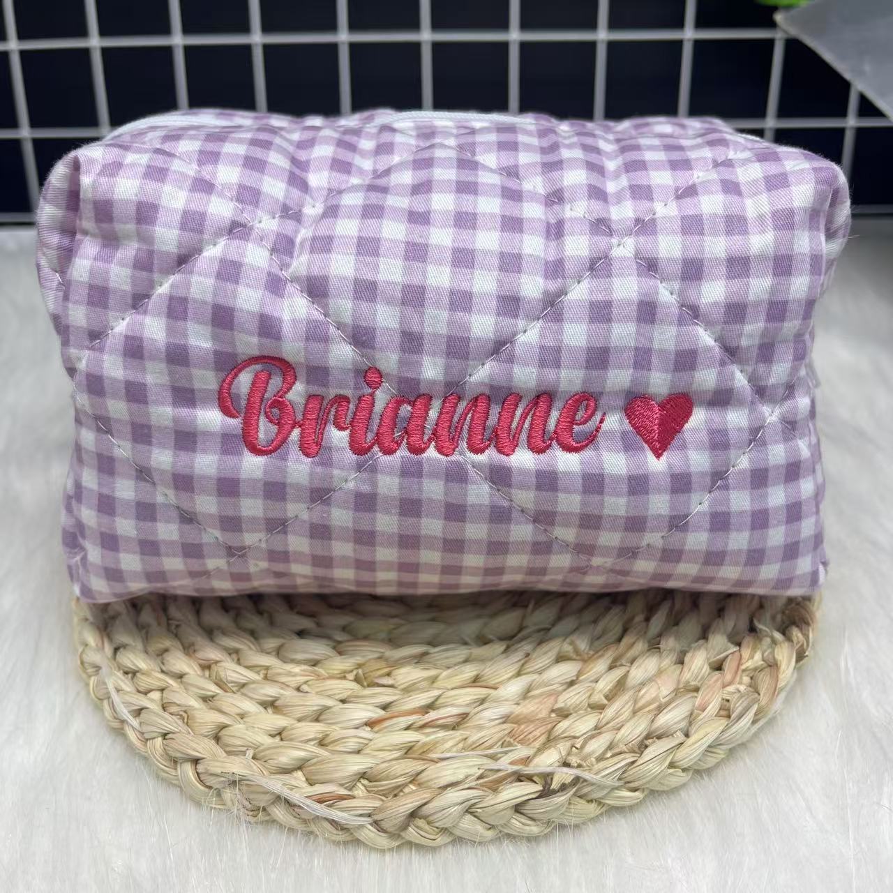 大容量ストライプ化粧品バッグ カスタムロゴと名前刺繍付き パ - Embroidery Name のレビューと価格