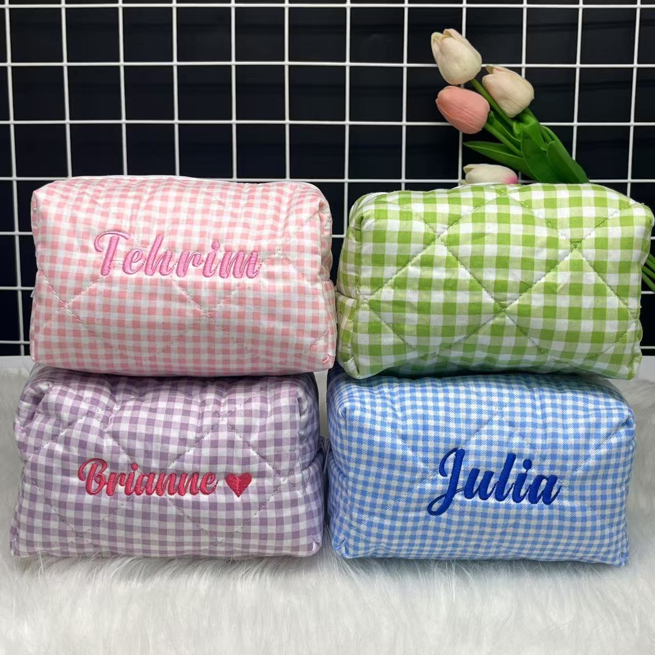大容量ストライプ化粧品バッグ カスタムロゴと名前刺繍付き パ - Embroidery Name のレビューと価格