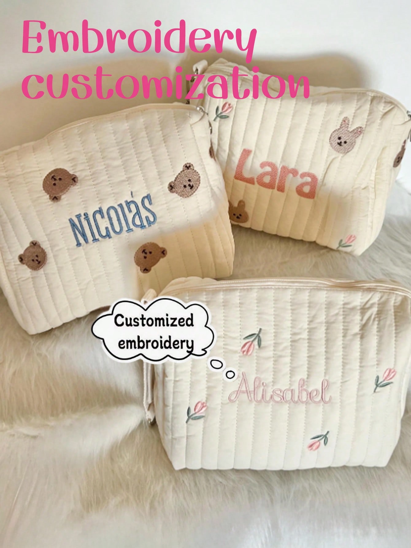 カスタム名刺繍ベビーおむつバッグキルティング収納ポーチかわい - Embroidery Name のレビューと価格