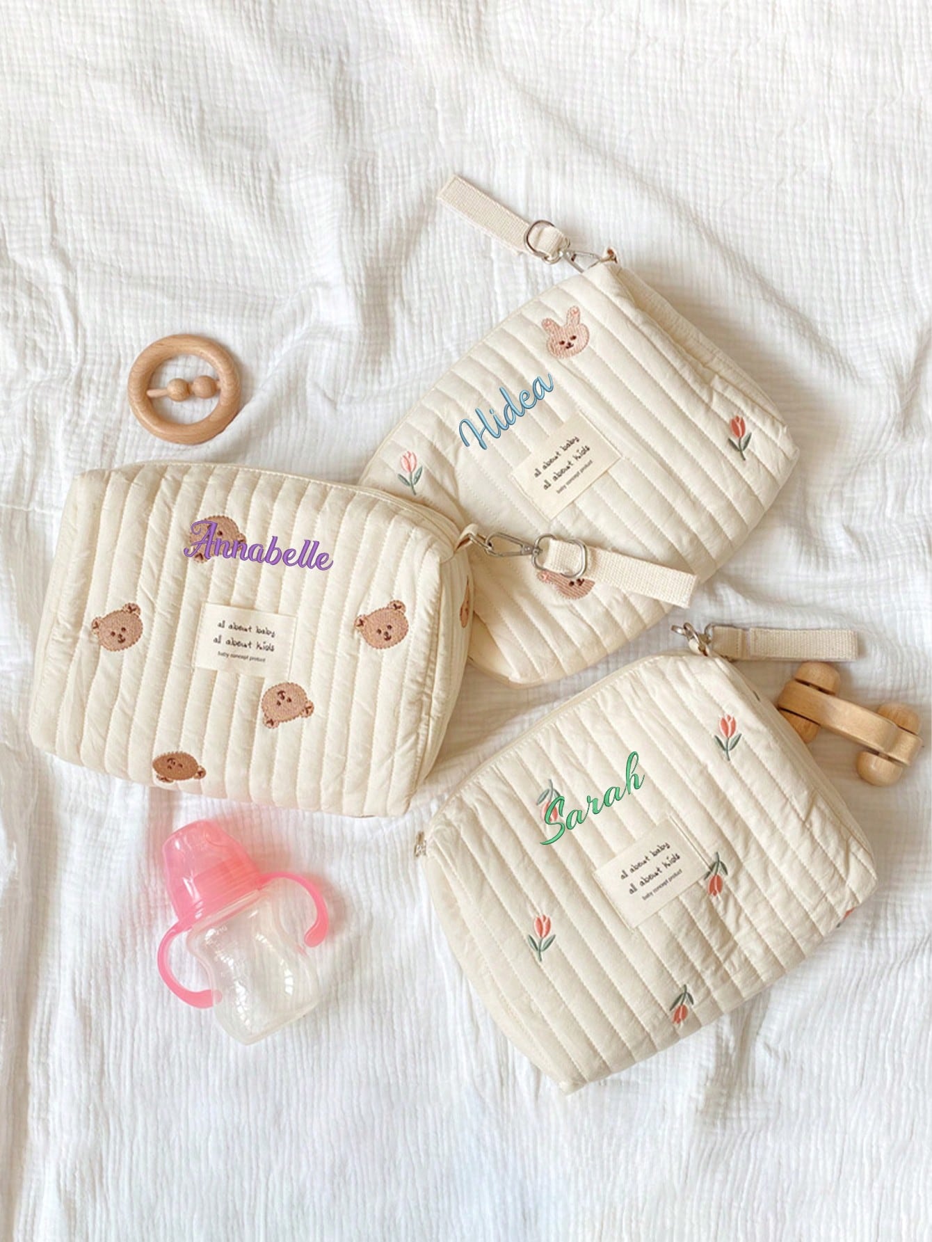 カスタム名刺繍ベビーおむつバッグキルティング収納ポーチかわい - Embroidery Name のレビューと価格